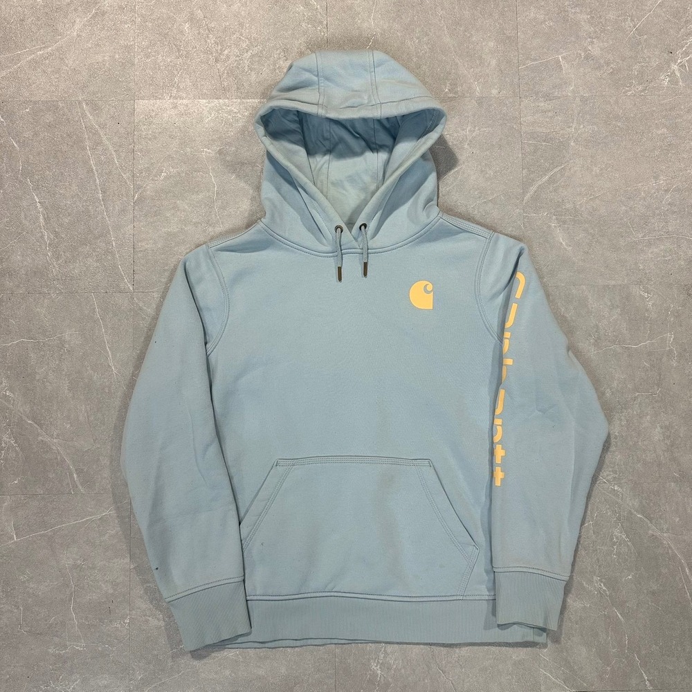 Carhartt Relaxed Fit Hoodie Light Blue Graphic Sleeve Logo Sweatshirt Mens L